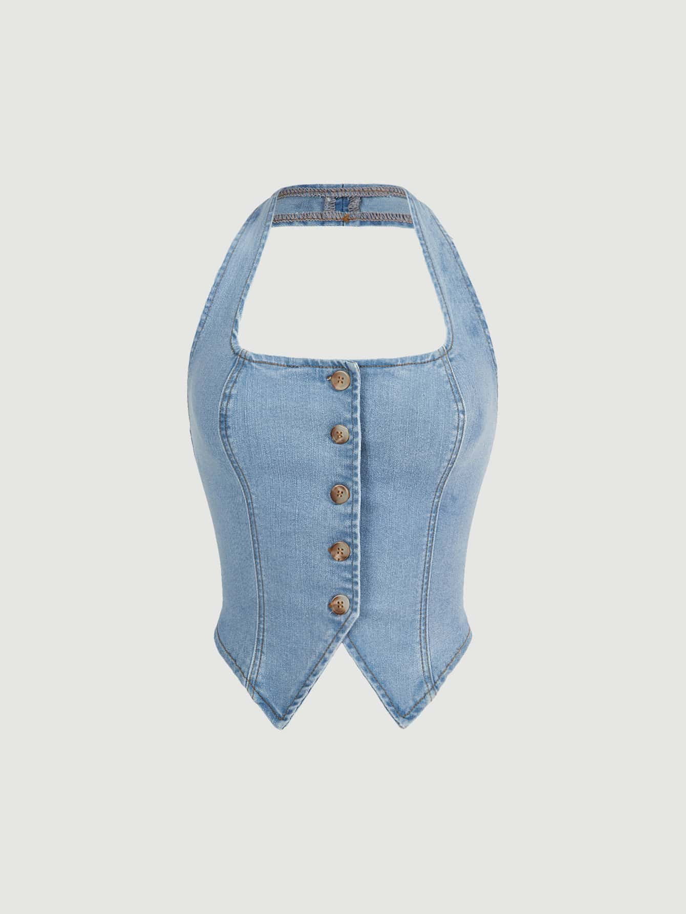 SHEIN MOD Button Front Halter Neck Denim Top | SHEIN