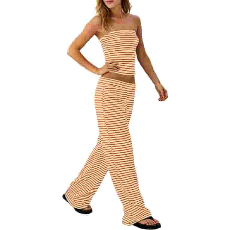 Womens Striped 2 Piece Sets Summer Strapless Crop Tube Tops Wide Leg Pants Matching Loungewear Se... | Walmart (US)