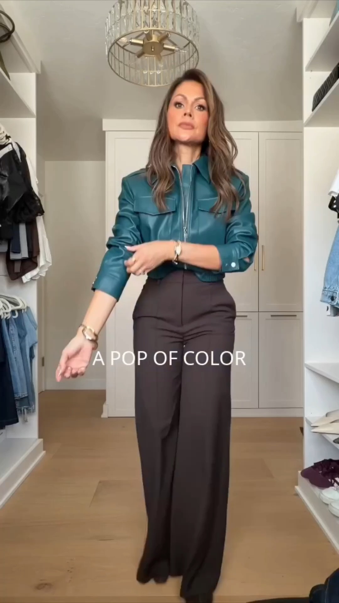 A little pop of color goes a long way! This teal jacket paired with tailored trousers is such an easy way to make a simple outfit feel more put together.