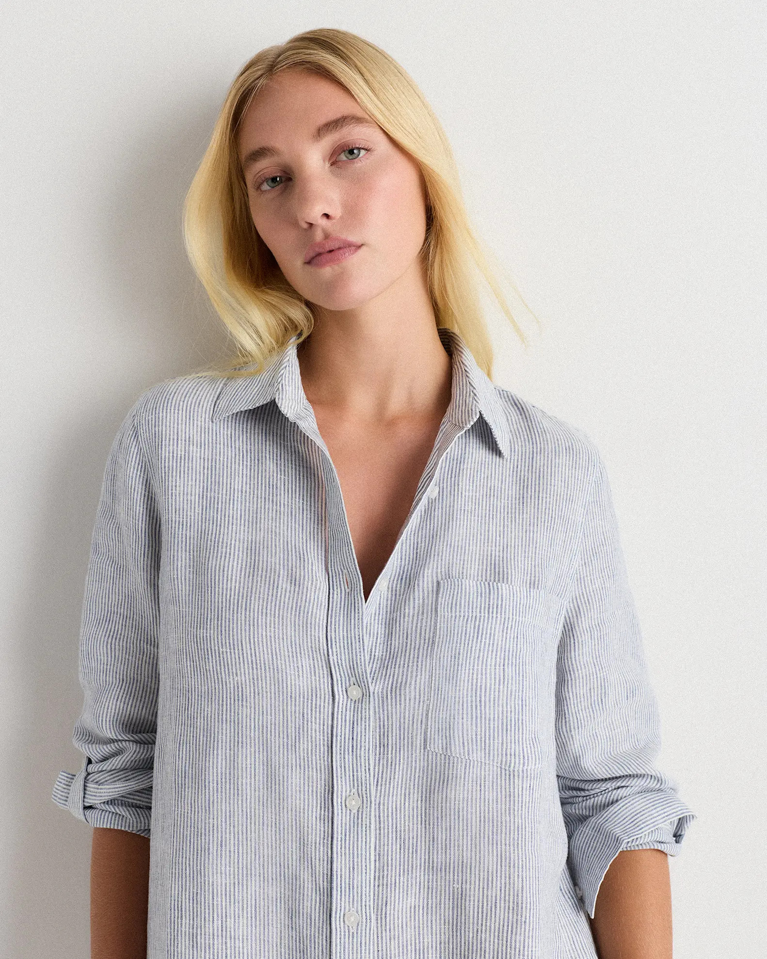 100% European Linen Shirt Dress in Blue Pinstripe | Quince