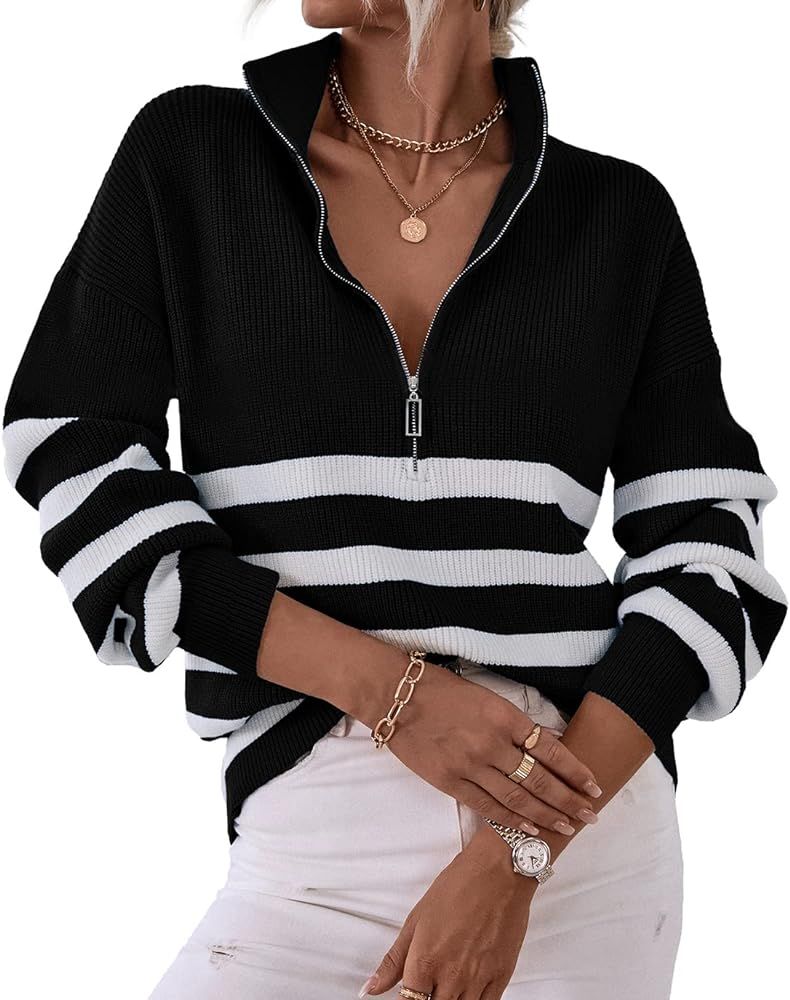Women 2023 Casual Long Sleeve Zip Striped Pullover Sweaters V Neck Collar Ribbed Knit Fall Winter... | Amazon (US)