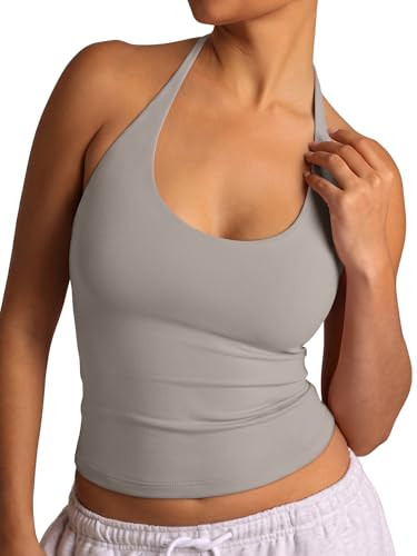 REORIA Women's Halter Tank Tops Basic Tie Scoop Neck Backless Double Lined Going Out Outfits Cute Summer Trendy Sleeveless Shirts Light Gray | Amazon (US)