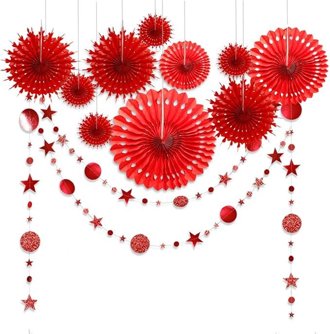 Decor365 Red Party Decorations Chinese New Year Tissue Pompom Paper Fan Hanging Decor Birthday Pa... | Amazon (US)