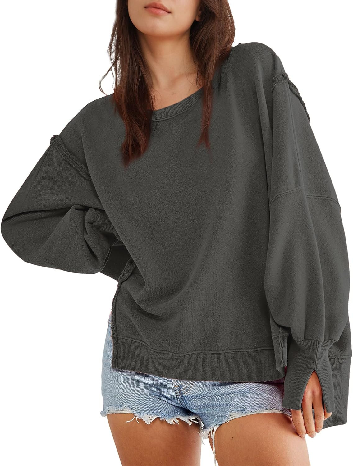 Hixiaohe Women's Oversized Crewneck Sweatshirts Casual Long Sleeve Side Split Pullover Tops Fall ... | Amazon (US)