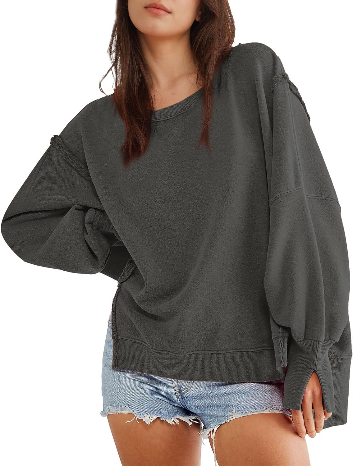 Hixiaohe Women's Oversized Crewneck Sweatshirts Casual Long Sleeve Side Split Pullover Tops Fall ... | Amazon (US)