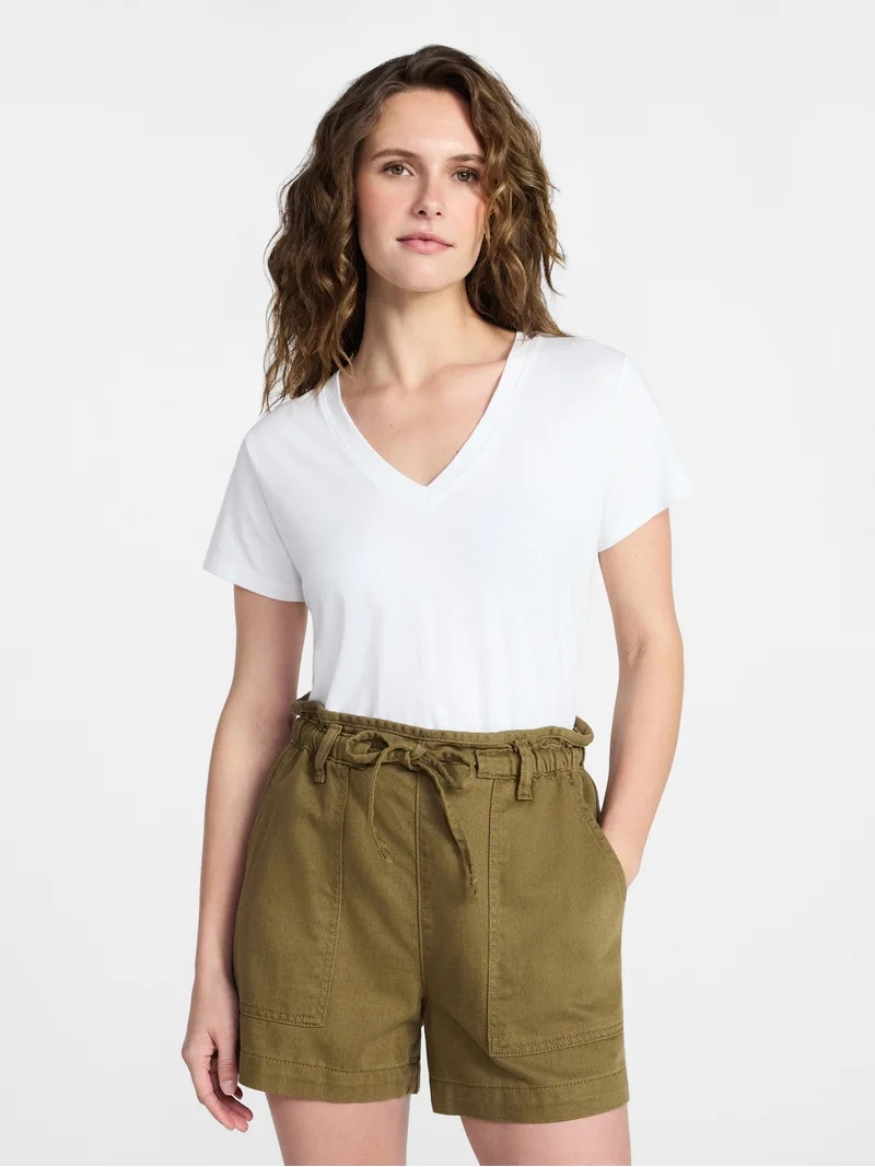 Time and Tru Women's Slub V Neck Tee with Short Sleeves, Sizes XS-XXXL | Walmart (US)