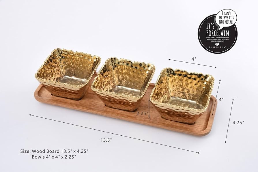 ampa Bay Gold Porcelain Entertaining Set, 3 Square Snack Bowls with Wood Tray | Amazon (US)
