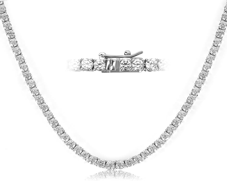 18K White Gold Plated 3mm Round CZ Classic Tennis Necklace for Women Men Diamond Chain Sizes 16-2... | Amazon (US)