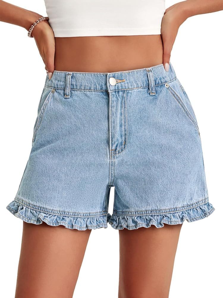 Aoysky Womens Summer Ruffle Denim Shorts Cute High Waisted Cotton Short Jeans with Pockets | Amazon (US)