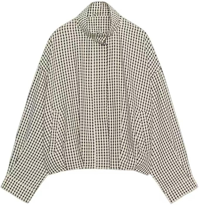 Womens Plaid Jacket Bomber Stand Collar Zip Up Coat with Pockets | Amazon (US)