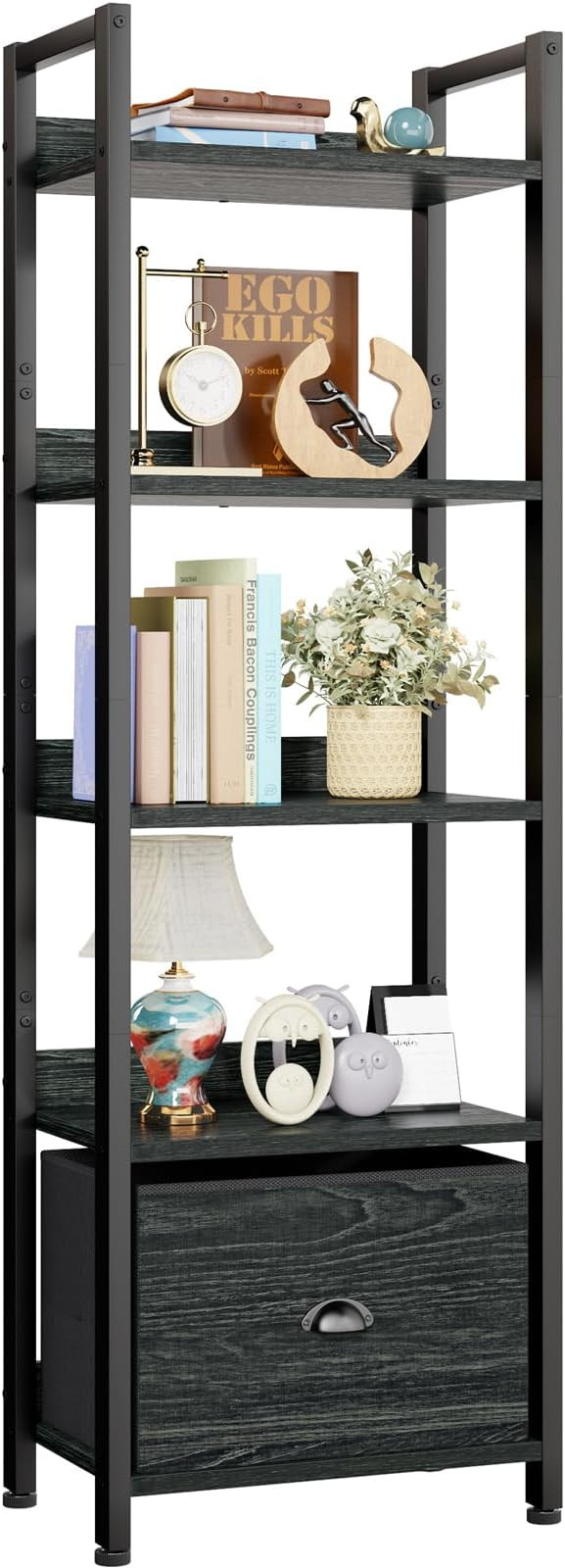 Furologee 5 Tier Bookshelf with Drawer, Kitchen Bakers Rack with Storage, Tall Narrow Bookcase, I... | Amazon (US)