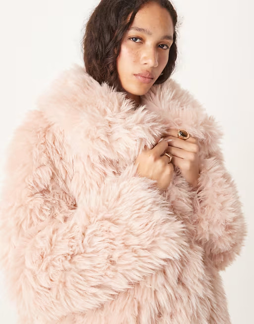 ASOS DESIGN faux fur sheepskin coat in dusty pink | ASOS (Global)