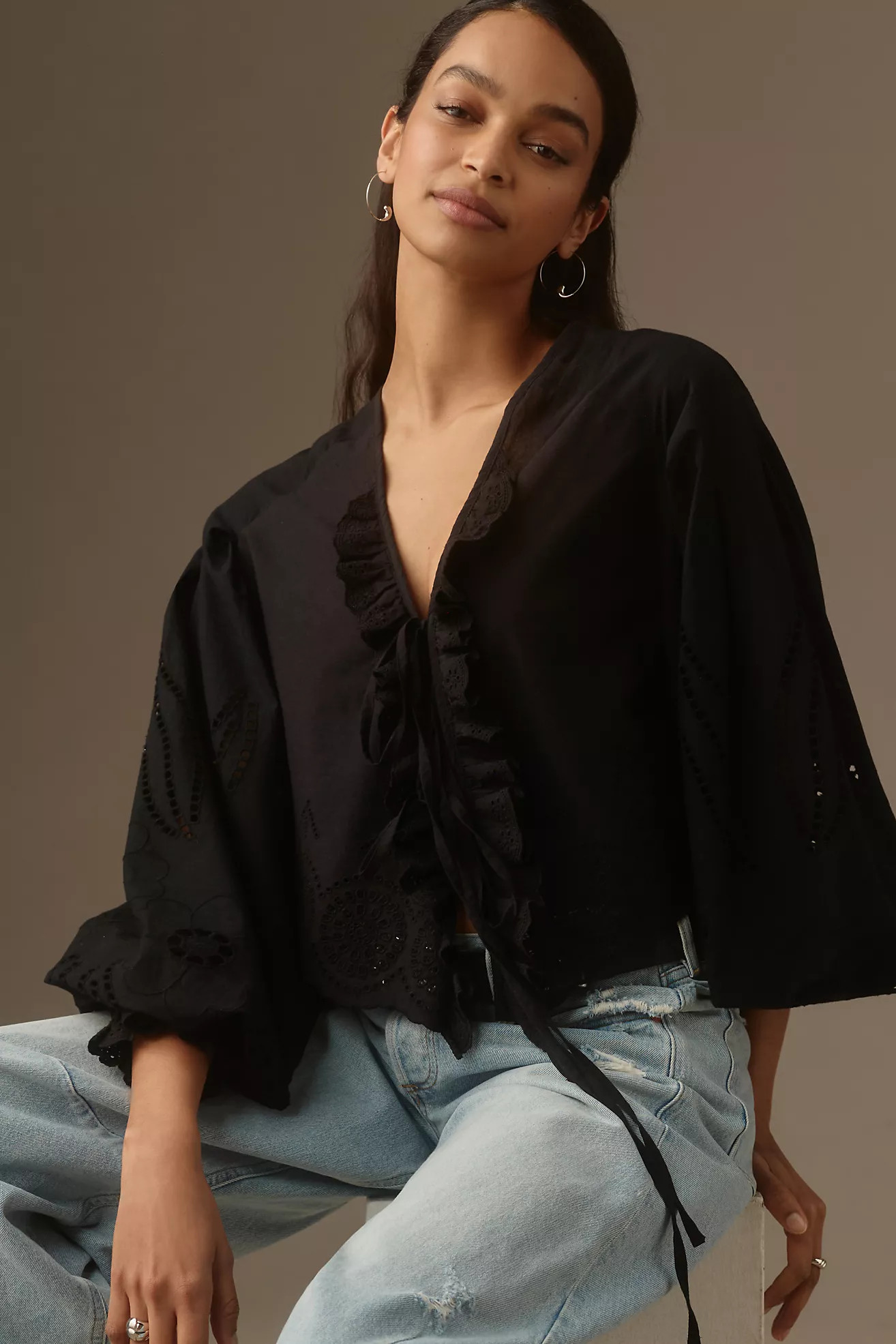 By Anthropologie Long-Sleeve Eyelet Poplin Tie-Front Top | Anthropologie (US)