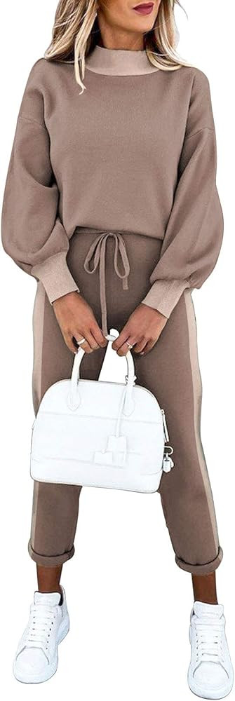 Cutiefox Women's 2 Piece Sweatsuit Outfits Lantern Sleeve Pullover Tops and High Waist Jogger Pants  | Amazon (US)