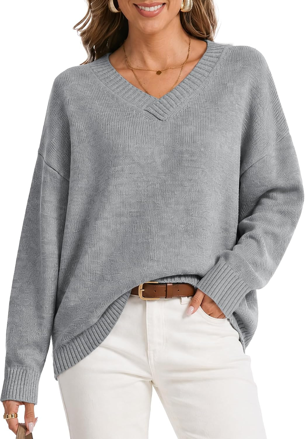 Oversized Sweaters for Women Cashmere Blend V Neck Pullover Tops | Amazon (US)