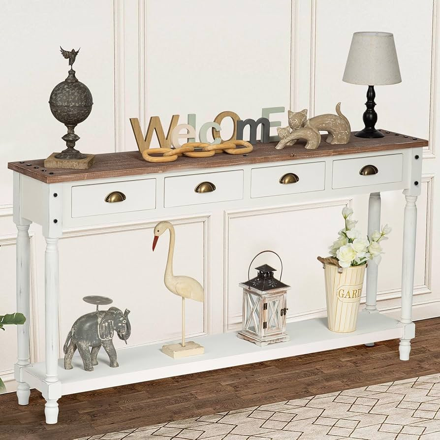 Wnutrees Farmhouse Console Table with 4 Drawers, 60" Long Narrow Boho Sofa Foyer Table with Large... | Amazon (US)