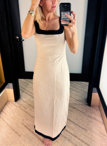White and black linen blend dress from Abercrombie. Simple, pretty and comfortable. Runs tts. Gretchen wearing a small. 

#LTKParties #LTKOver40 #LTKSeasonal