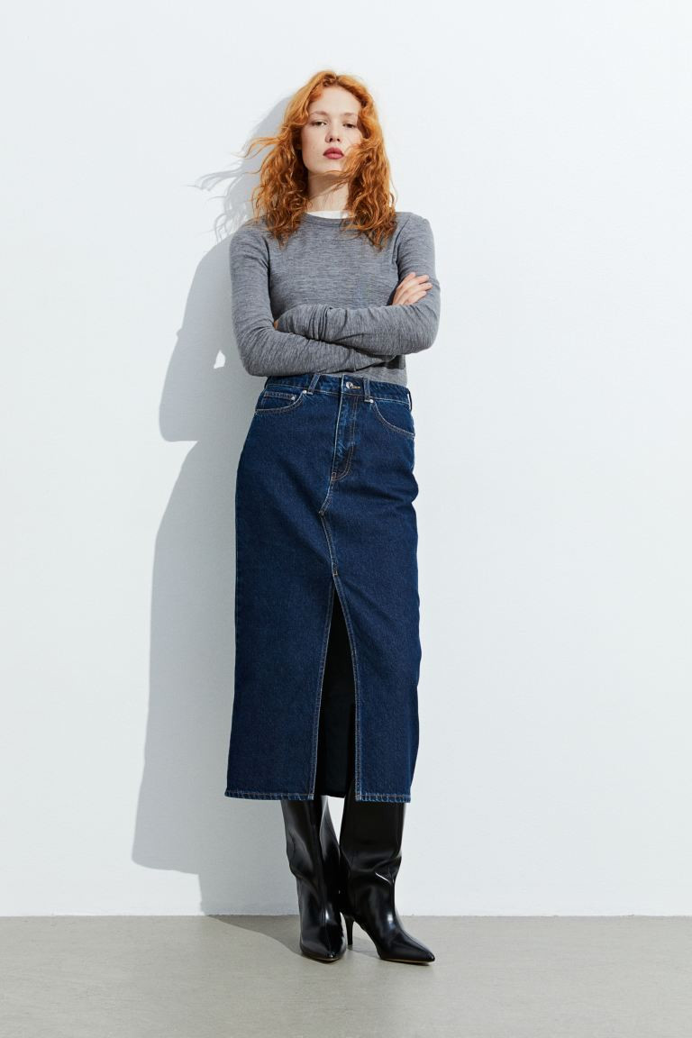Falda denim con abertura - Azul denim oscuro - MUJER | H&M ES | H&M (FR, IT, ES, PT, BE)