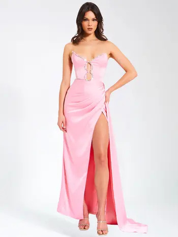 Marilyn Satin Crystal Embellished High Slit Gown | Nordstrom