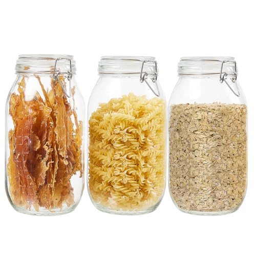 BJONKZ 3 Pack 68 oz Glass Jars with Airtight Lids – Food Storage Containers with Preserving Seal Wire Clip Fatening, Glass Canisters for Kitchen Canning Flour, Cereal, Sugar, Beans (68oz*3) | Amazon (US)