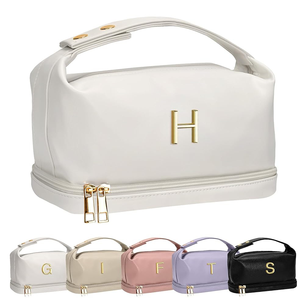 Makeup Bag with Handle, Waterproof Double Layer Cosmetic Bag, Large Capacity PU Leather Makeup Ba... | Amazon (US)