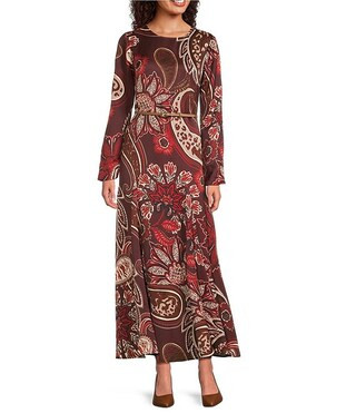 Alex Marie Kate Paisley Printed Satin Crew Neck Long Sleeve Belted Maxi Dress | Dillard's | Dillard's
