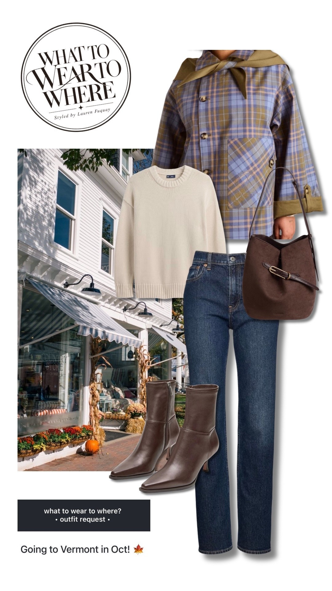 Vermont in October 🍂 This requested look is all about easy layers that still feel polished—dark wash denim, a soft ivory sweater, plaid jacket, sleek brown ankle boots, and a structured chocolate bag. Everything can mix and match throughout the trip, which makes packing so much easier.

Vermont fall outfit, Vermont October outfit, New England fall style, fall travel outfit, plaid jacket outfit, ivory sweater outfit, dark wash jeans, brown ankle boots, chocolate brown handbag, fall capsule wardrobe, women’s travel outfit, elevated casual fall style, cozy chic outfit, fall vacation outfit

#LTKSeasonal #LTKTravel