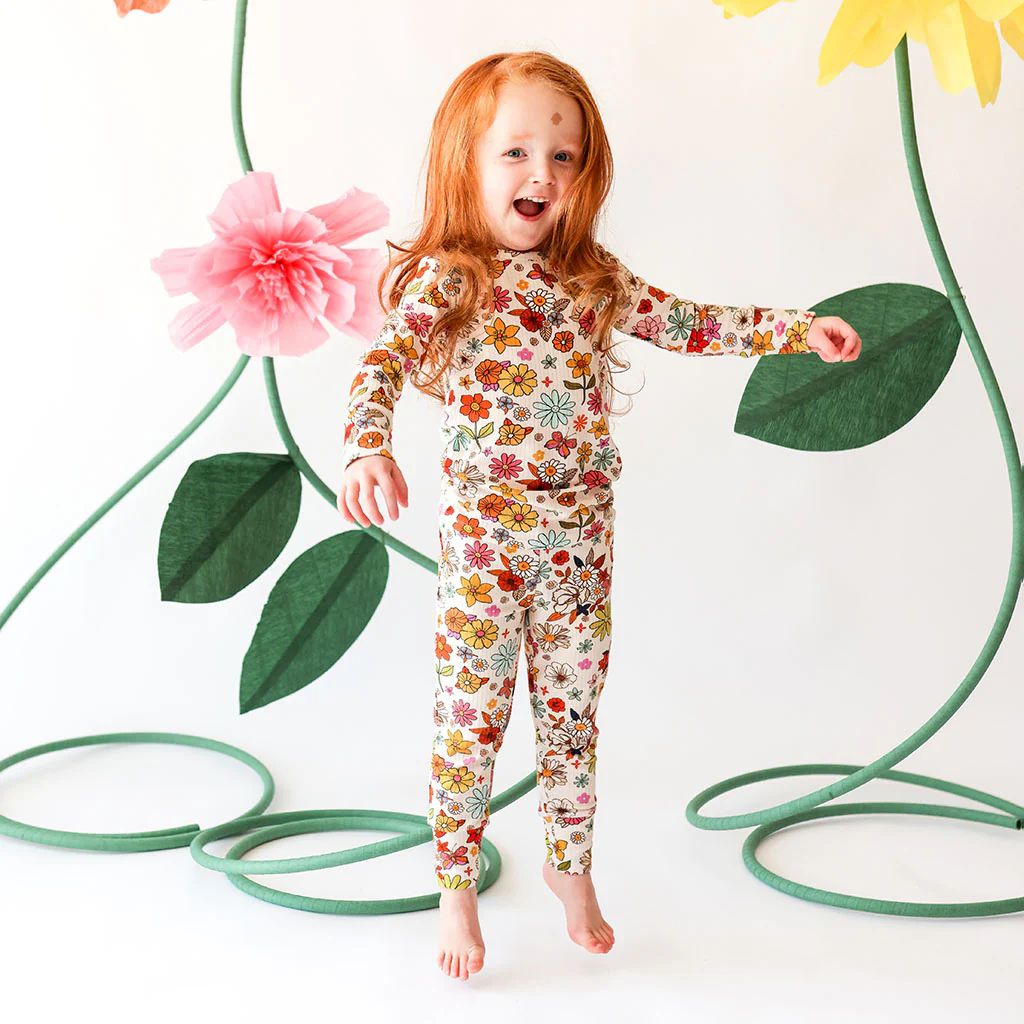 Floral Beige Long Sleeve Toddler Pajamas | Sarineh | Posh Peanut