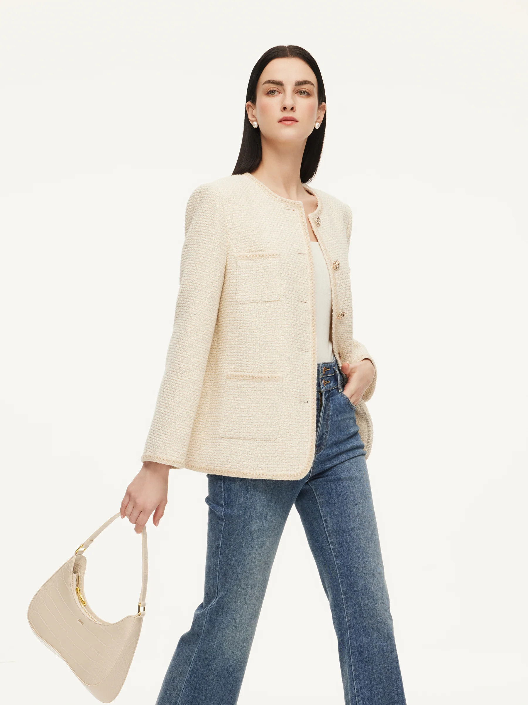 Wool Blend Tweed Braided Trim Women Jacket | GOELIA