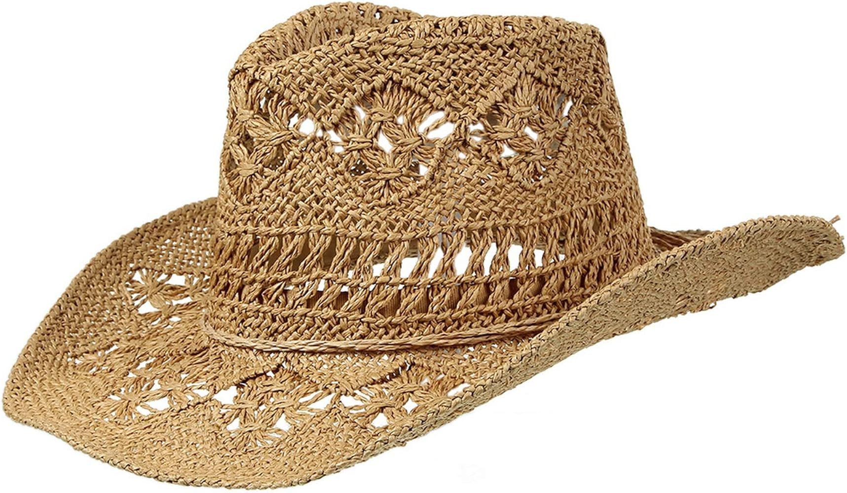Men & Women's Summer Cowboy Cowgirl Straw Hat Hollow Out Woven Roll Up Wide Brim Sun Hat with Chi... | Amazon (US)