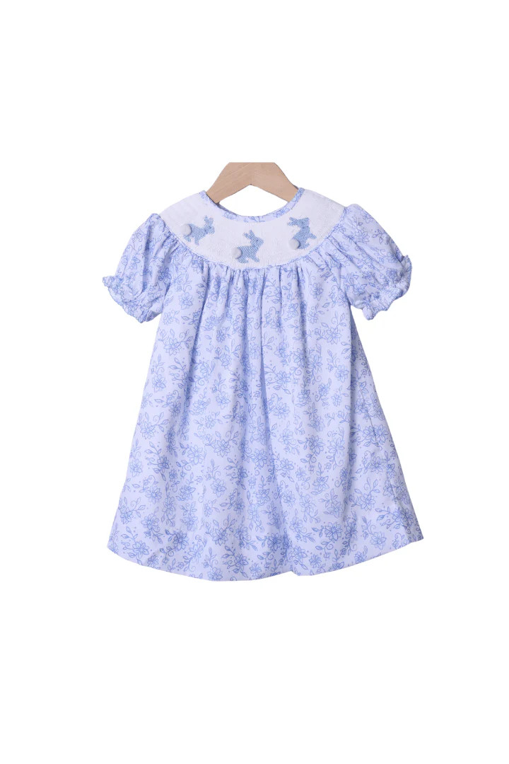 Smocked Blue Floral Bishop Bunny Bow Bubble Dress | The Smocked Flamingo