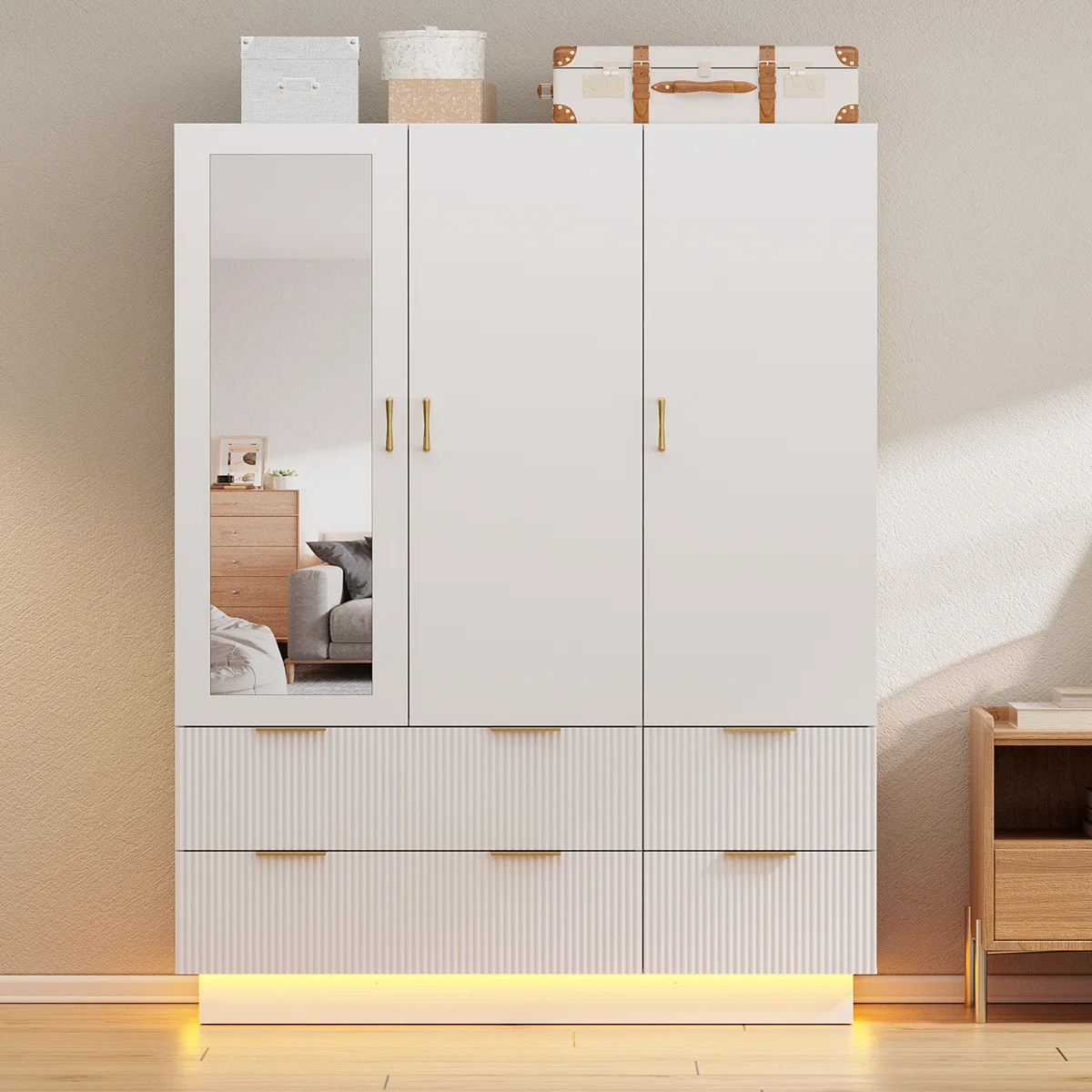 Armoire Wardrobe Closet With 3 Door, Mirror And Led Lights | Wayfair North America