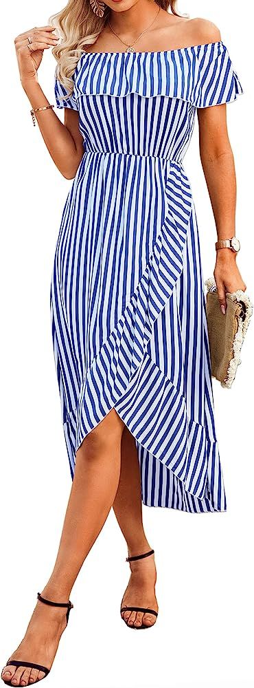 KIRUNDO Women's Casual Summer Striped Print Off Shoulder Dress High Waist Split Ruffle Sleeveless Fl | Amazon (US)