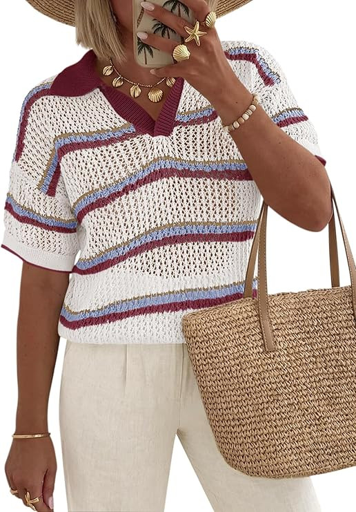Saodimallsu Womens Crochet Tops Summer Short Sleeve Striped Pullover Sweater Collared Knit Shirts... | Amazon (US)