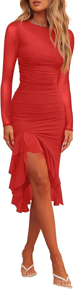 Hocuos Womens 2024 Round Neck Long Sleeve Ruffle Hem Midi Dress Mesh Ruched Bodycon Formal Cockta... | Amazon (US)