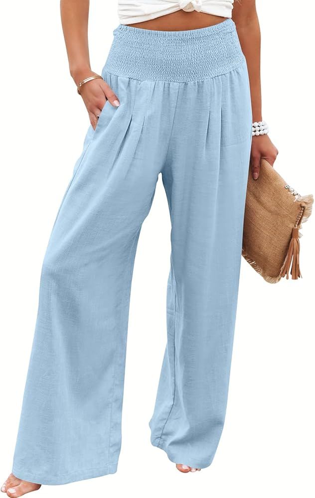 ANRABESS Women Linen Palazzo Pants Summer Boho Wide Leg High Waist Casual Lounge Pant 2024 Beach ... | Amazon (US)