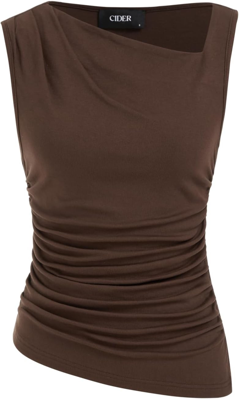 CIDER Women's Off The Shoulder Tank Tops Sleeveless Shirts Asymmetrical Neck Ruched Going Out Y2K Crop Tops Date Night | Amazon (US)