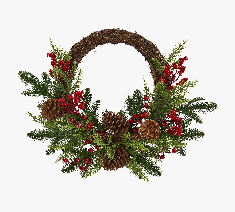 Faux Mixed Pine &amp;amp; Cedar Wreath With Berries, 22&amp;quot; | Pottery Barn (US)