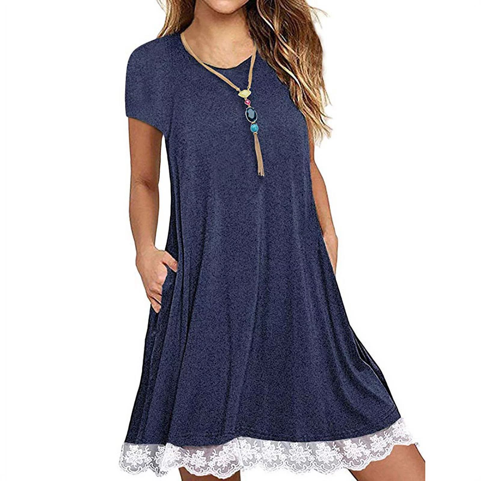 Women's Casual 3/4 Sleeve Lace Tunic Dress Summer T-Shirt Dress with Pockets | Walmart (US)