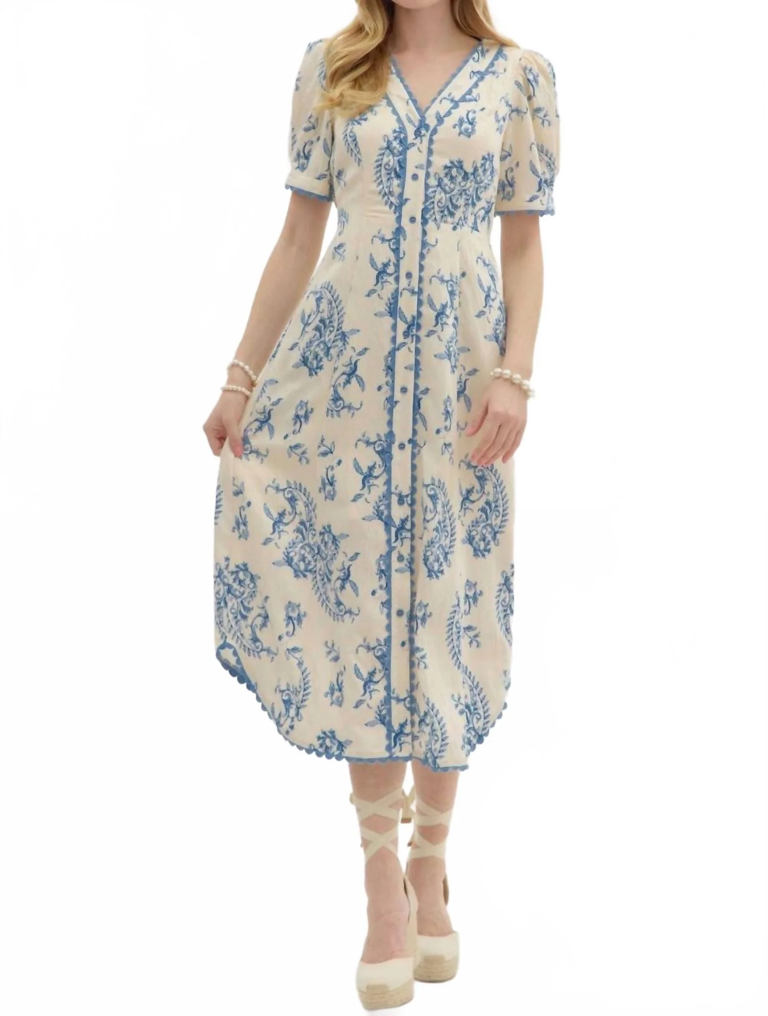 Damask Midi Dress In Ivory/blue | Shop Simon