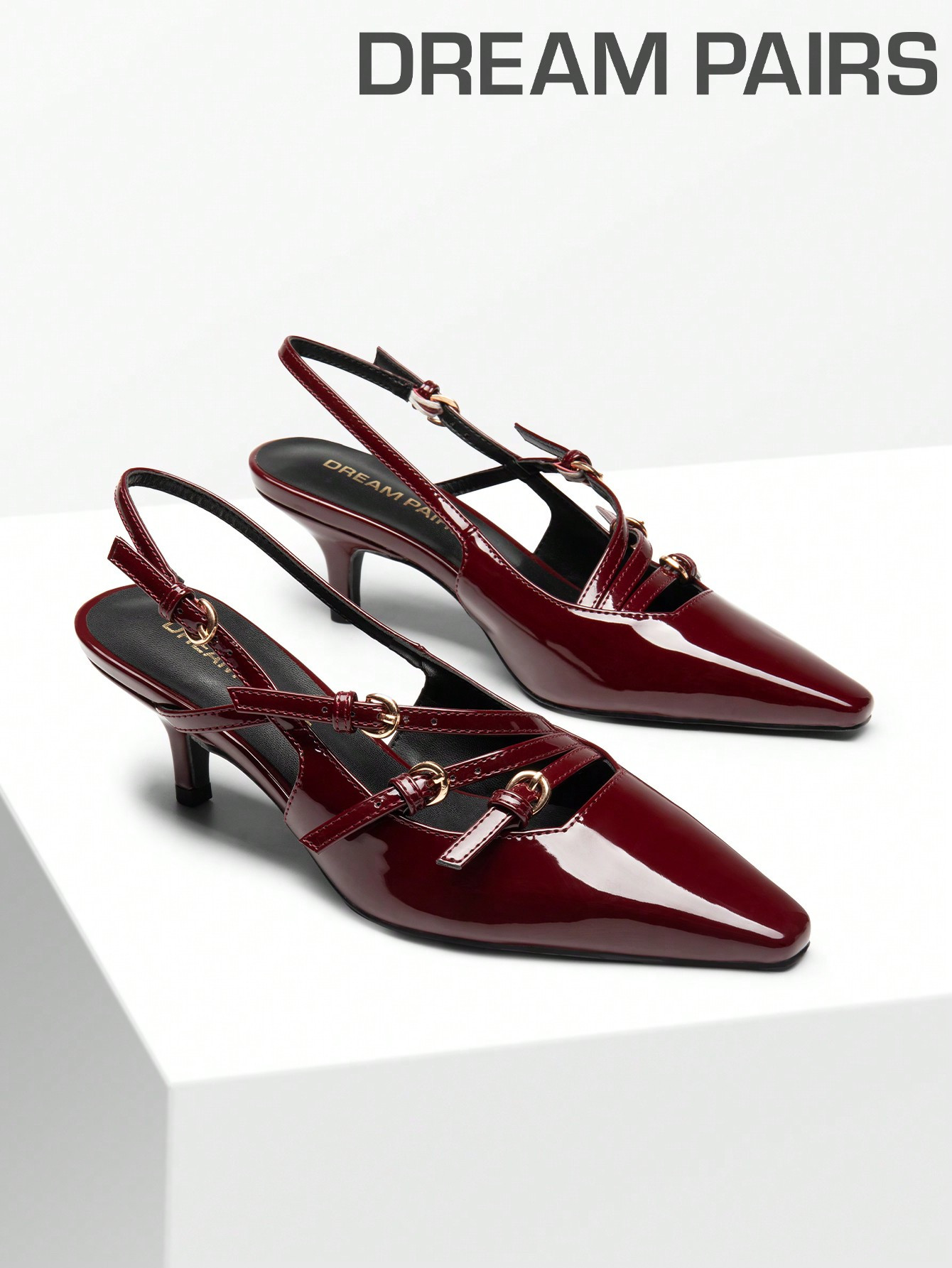 Women's Kitten Heel Slingback Pumps Square Toe Metal Buckle Strap Low Heels Sexy Wedding Party Dr... | SHEIN