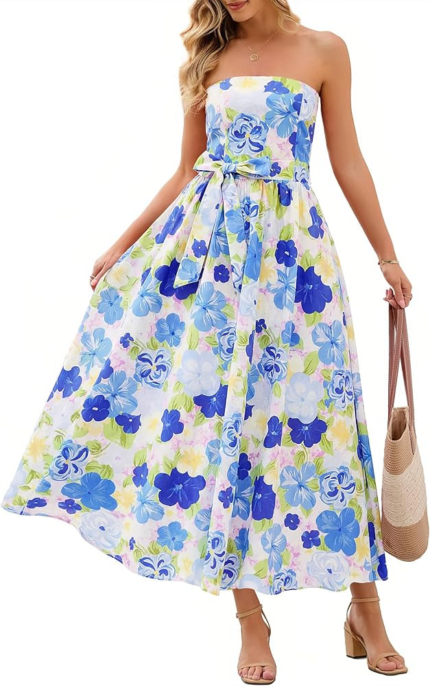 MEROKEETY Women's Summer Floral Maxi Dresses 2026 Strapless Tube Smocked Tie Boho Beach Wedding G... | Amazon (US)