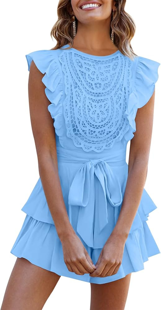 SPRIME Women's Floral Lace Crochet Short Romper Flutter Sleeve Crew Neck Summer Rompers Casual La... | Amazon (US)