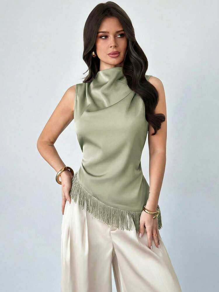 Women's Elegant Casual Commute Vacation Beach Bohemian Sleeveless Top, Brown Satin Pleated Collar... | SHEIN