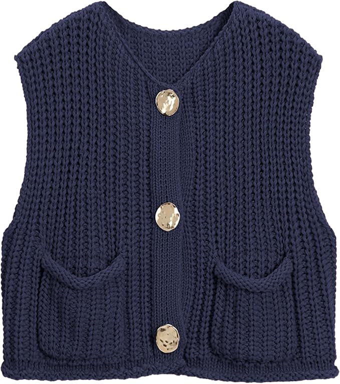 Hixiaohe Womens Crochet Chunky Knit Top Sleeveless Button Down Crop Tops Trendy Cardigan Sweater ... | Amazon (US)