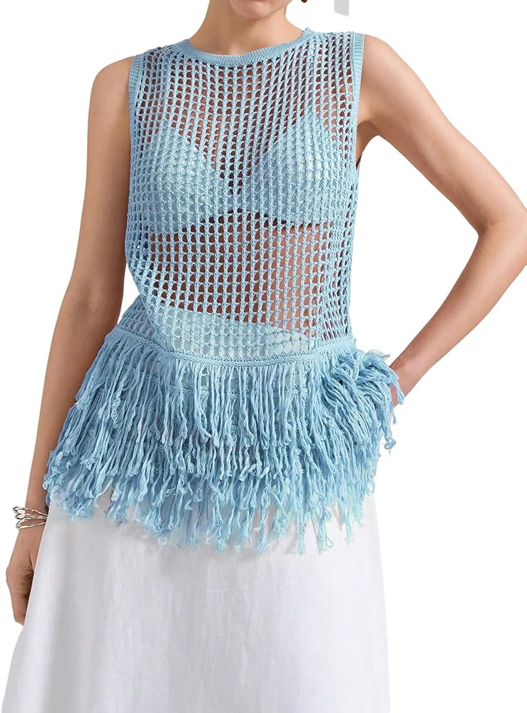 Milumia Women's Fringe Vests Summer Crochet Hollow Out Tank Tops | Amazon (US)