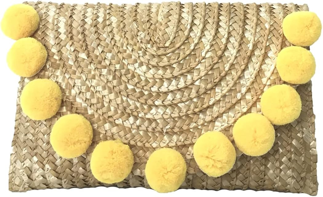 Fashion Culture Women's Pom Pom Straw Envelope Clutch | Amazon (US)