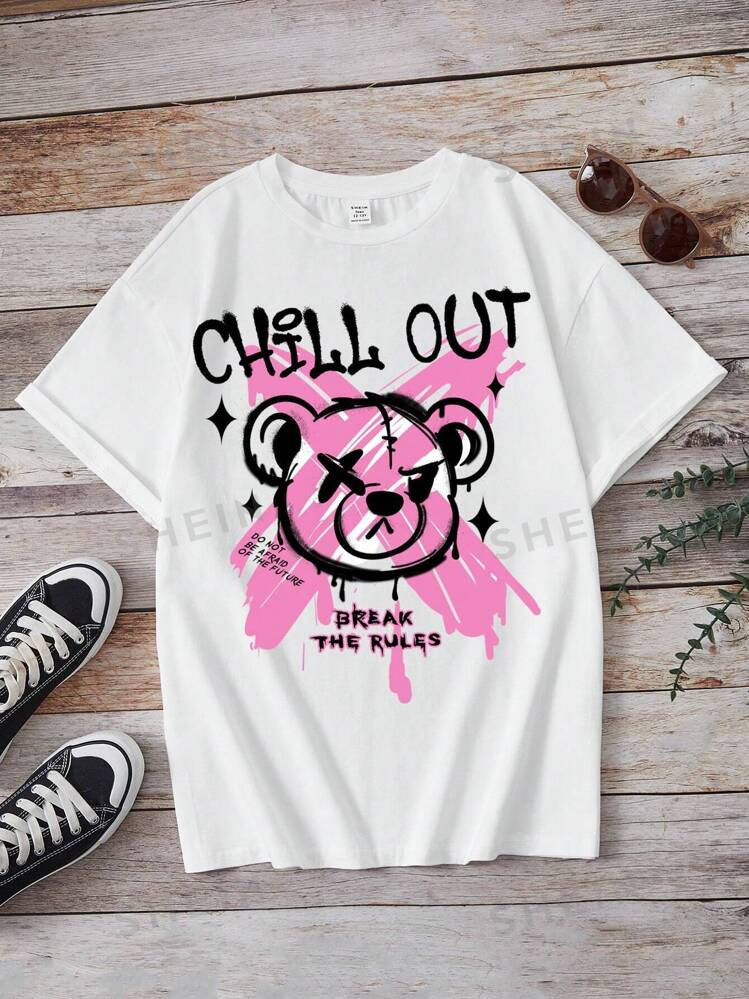 SHEIN EZwear Casual Short Sleeve Women's T-Shirt With Fitted Teddy Bear Pattern, Suitable For Sum... | SHEIN
