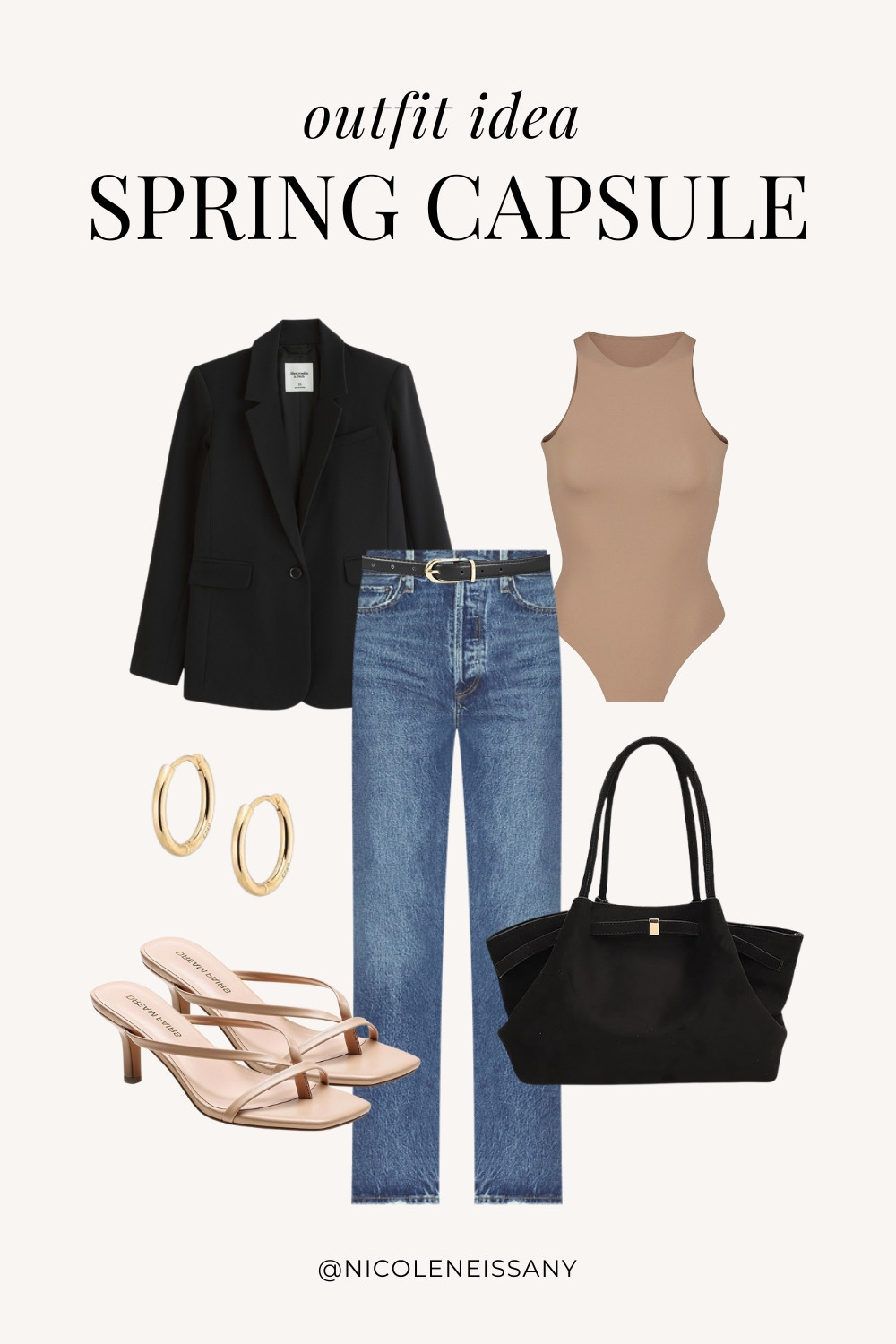 Spring outfit idea featuring my 2025 Spring Capsule Wardrobe staples | casual spring outfit, spring brunch outfit, spring date night outfit, spring date outfit, elevated casual spring outfit, spring work outfit, spring office outfit, casual spring outfit idea, spring outfits, spring shoes, 2025 spring trends, 2025 spring fashion trends, neutral capsule wardrobe, minimalist capsule wardrobe | blazer outfit, blazer jacket, spring jacket, spring outerwear, sleeveless bodysuit, spring bodysuits, spring tops, medium wash jeans, medium wash denim, spring jeans, spring denim, strappy heels, strappy sandals, spring shoe trends, kitten heels, tote bag, spring bag trends, gold hoop earrings

#LTKSpring #LTKPetite #LTKTravel #LTKSaleAlert #LTKShoeCrush #LTKWorkwear #LTKFindsUnder100 #LTKStyleTip #LTKFindsUnder50 #LTKSeasonal 

 