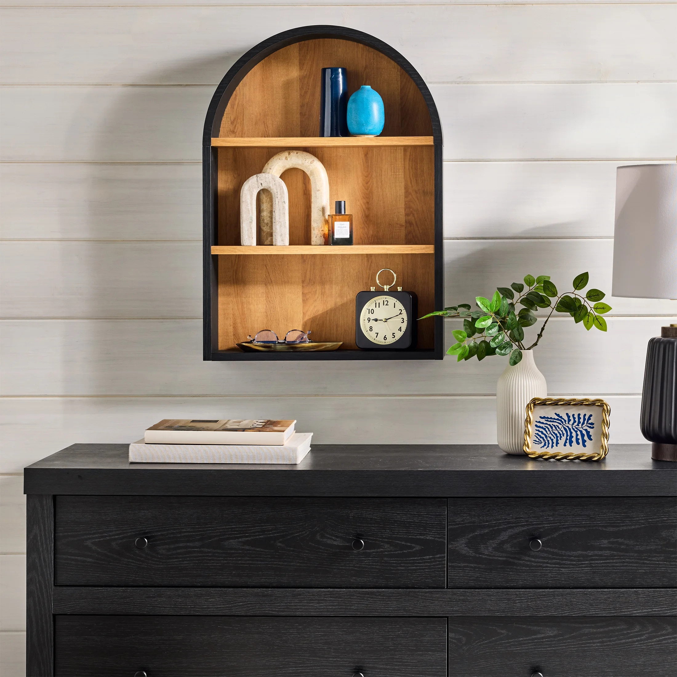 Better Homes & Gardens 20-Inch Arch Floating Shelf in Black Wood and Light Honey Finish | Walmart (US)